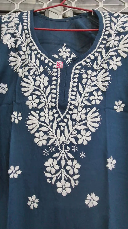 Hand Embroidered Lucknowi Rayon Kurti | Women's Rayon Top | Chikankari Style Kurta | 30 Inch Short Kurti | Casual Ethnic Wear MS