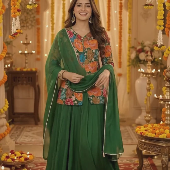 Green floral embroidered Chinon jacket with crepe lehenga and organza dupatta Indian festive outfit video