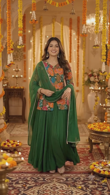 Green floral embroidered Chinon jacket with crepe lehenga and organza dupatta Indian festive outfit video