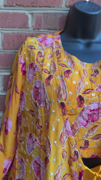 Floral Indo-Western Co-Ord Set with Natural Crepe Jacket & Top | Chinon Palazzo | Hand Embroidered | Women’s Party & Wedding Outfit