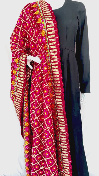 Maroon Golden Phulkari Dupatta, Indian Ethnic Punjabi Stole, with sequins work