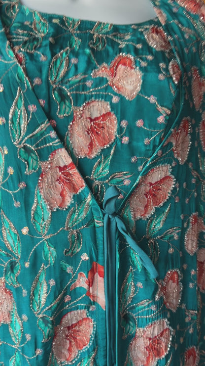 Floral Indo-Western Co-Ord Set with Natural Crepe Jacket & Top | Chinon Palazzo | Hand Embroidered | Women’s Party & Wedding Outfit
