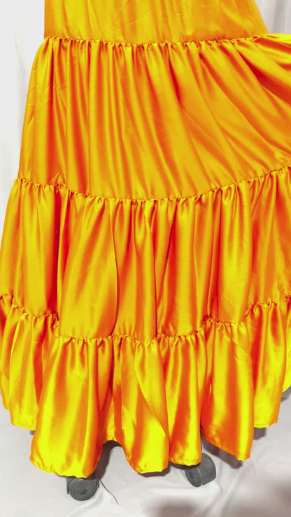 Orange Tiered Silk Ankle Length Skirt Comfortable Elastic Waist Flared Layer