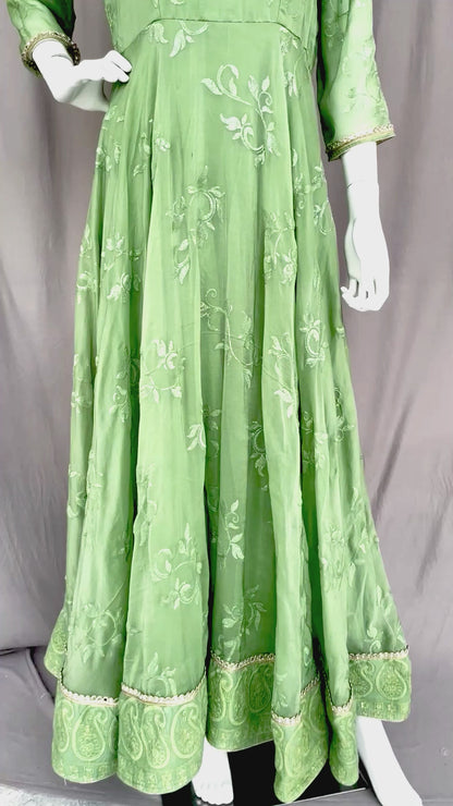 Pista Green Anarkali Gown with Stole, Pure Organza Embroidered Long Dress, Partwear, Plus size long gown with Dupatta, Indian Long Dress