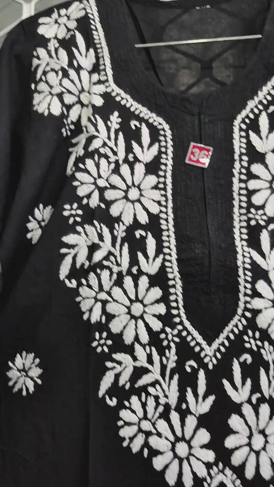 Black Modal Kurti with White Floral Embroidery – Women's Handcrafted Ethnic Kurta | 44 Inch Length | Indian Traditional Wear MS