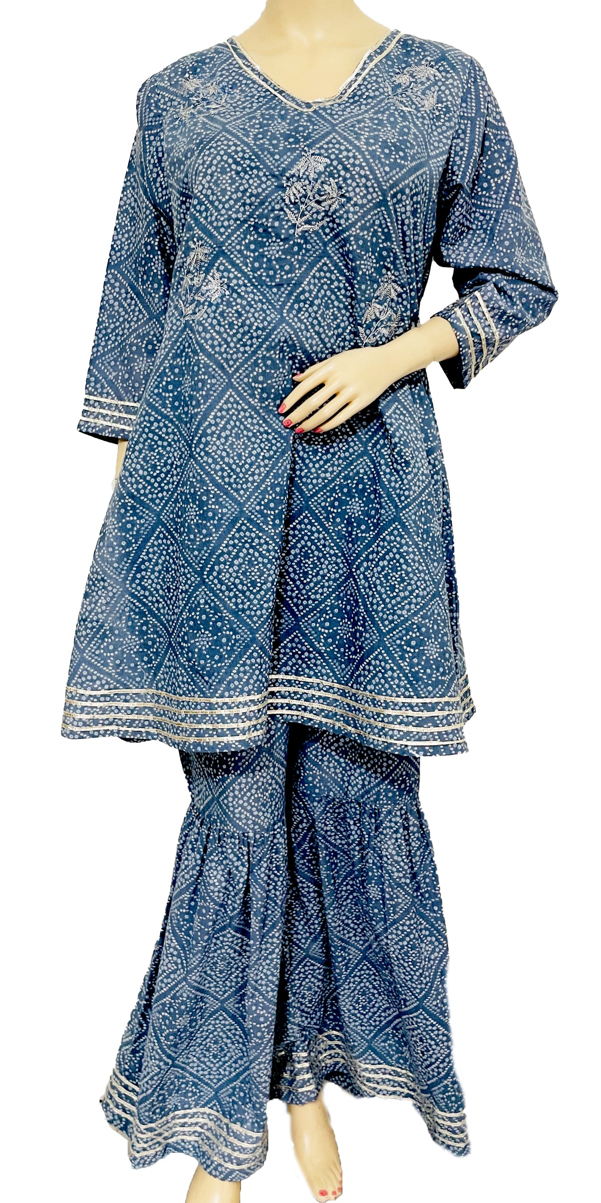 White and Blue Pure Cotton Sharara and Kurta Suit