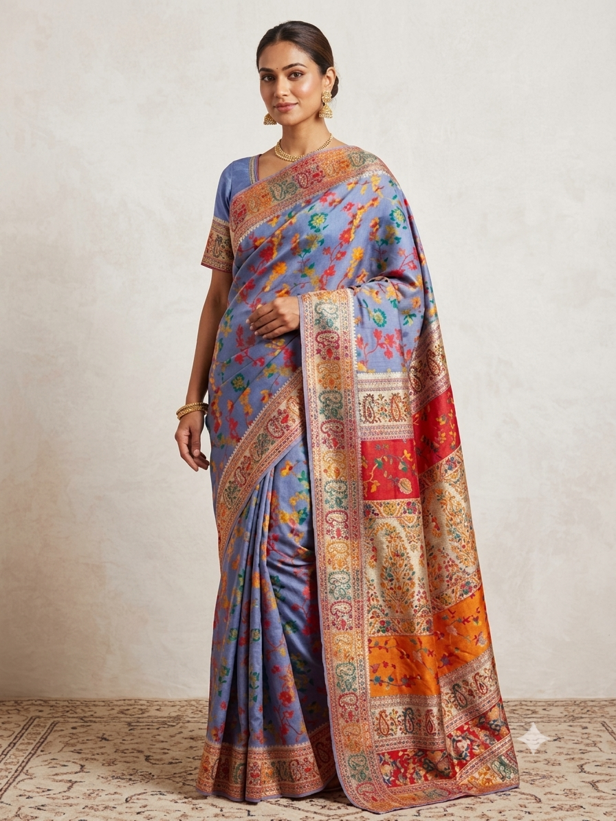 Purple Chanderi cotton silk jacquard saree with colorful woven motifs and multicolor border