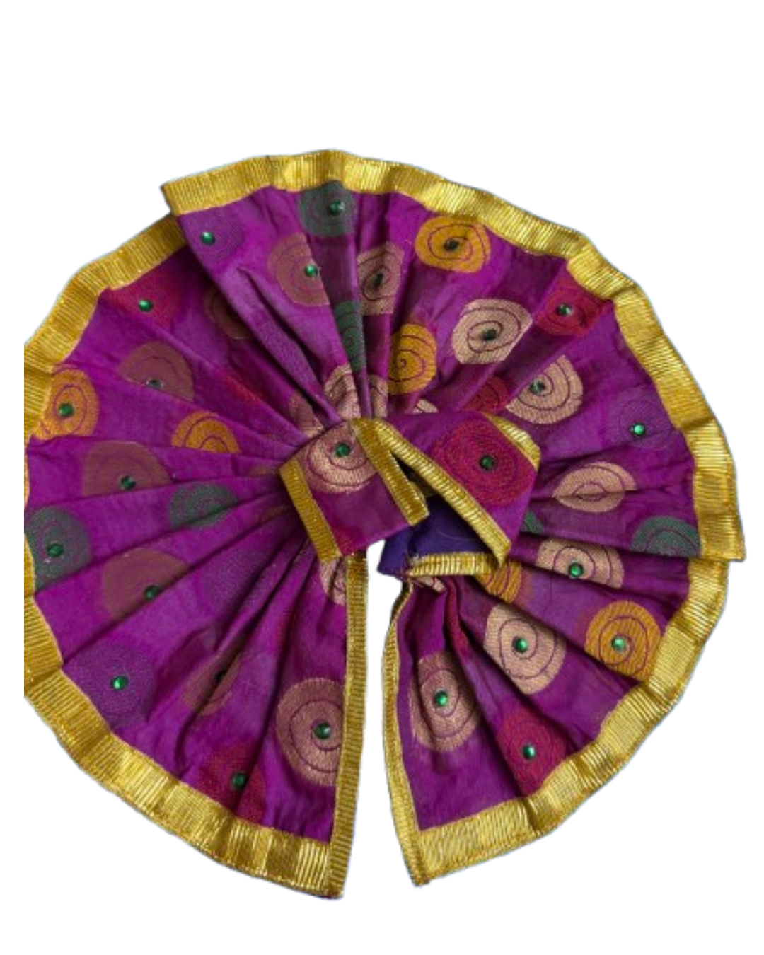 Purple and gold Laddu Gopal Janmashtami poshak with multicolor circular motifs, green bead accents, and gold border
