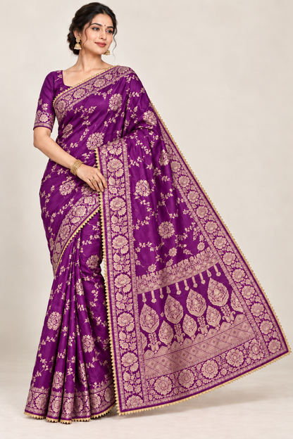 Purple jacquard saree with gold floral border, designer pallu and purple blouse