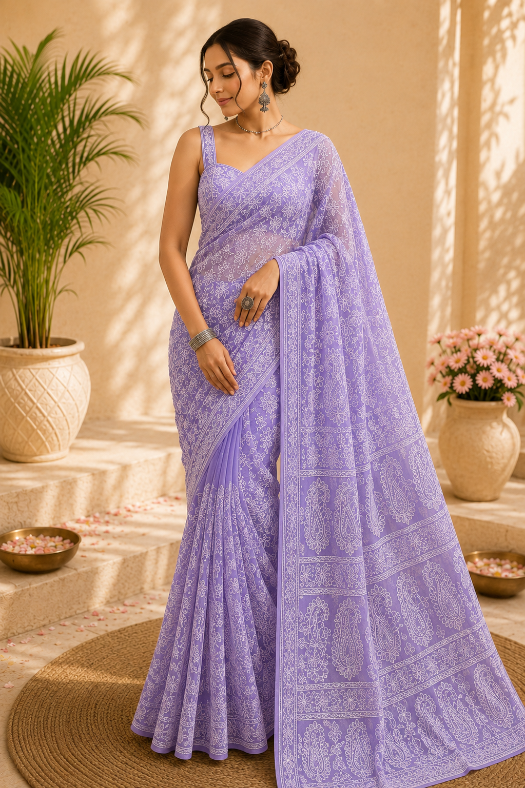 Woman wearing a lavender purple pure georgette saree with elegant white floral embroidery and paisley motifs, paired with a matching blouse.
