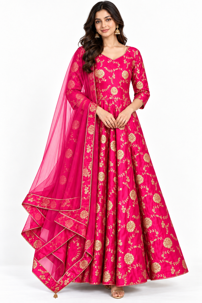 Full view of Rani pink Dola silk jacquard Anarkali dress with gold floral motifs and flared silhouette