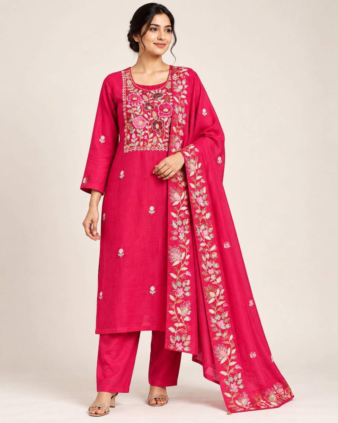 Rani pink Chanderi 3 piece embroidered suit set with floral kurta, matching pants and embroidered dupatta
