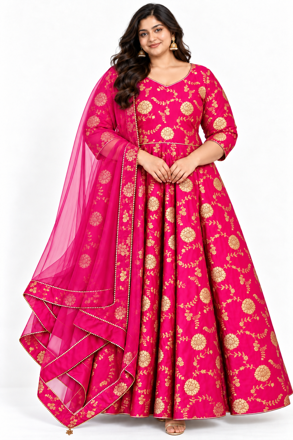 Rani pink Dola silk jacquard Anarkali dress with gold floral pattern and matching dupatta