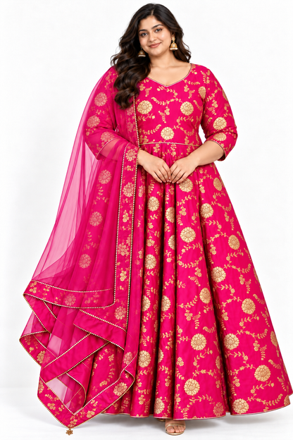 Rani pink Dola silk jacquard Anarkali dress with gold floral pattern and matching dupatta