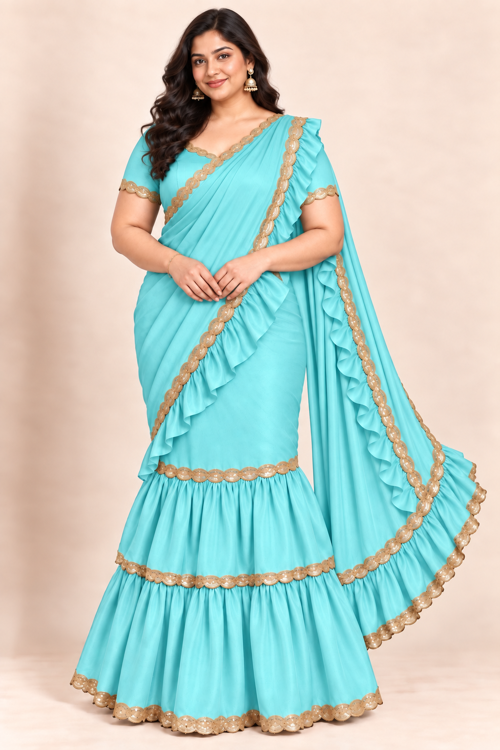 A woman modeling a turquoise blue georgette saree with gold zari borders and a matching ruffled blouse, set against a solid beige studio background.