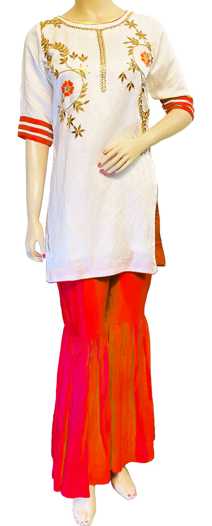 White & Red Color Hand embroidered Kurti & Gharara Palazzo Pant with Dupatta set
