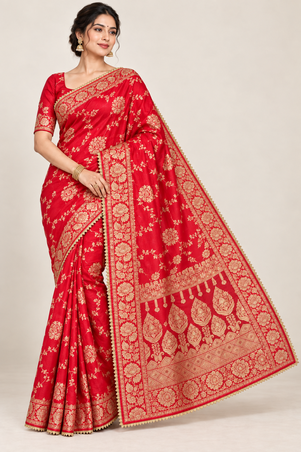 Red jacquard zari saree with subtle gold floral border and traditional pallu