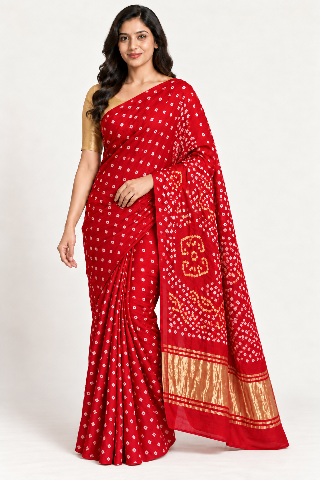 Red Bandhani Gajji Silk saree with white motifs and wide gold zari border