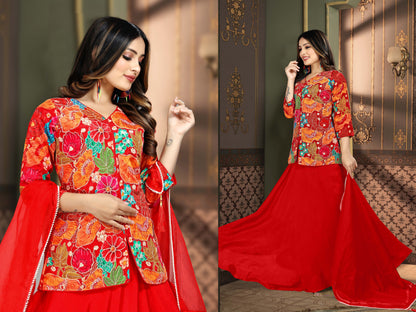 Red floral embroidered Chinon jacket with matching crepe lehenga and organza dupatta