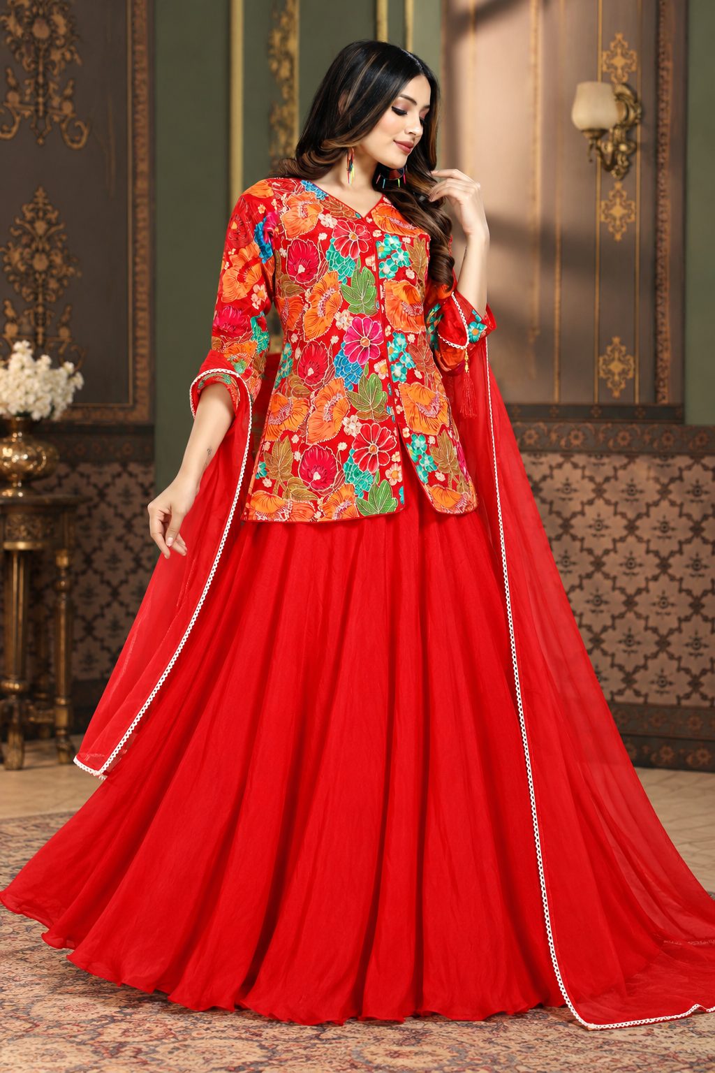 Red floral embroidered Chinon jacket with matching crepe lehenga and organza dupatta