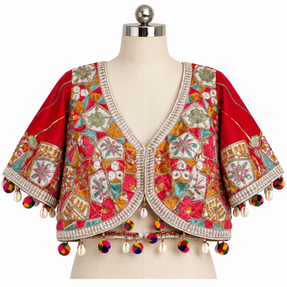A red cropped embroidered jacket with multicolor geometric and floral embroidery, silver bead trim, and colorful pom-pom tassels, displayed on a cream dress form against a white background.
