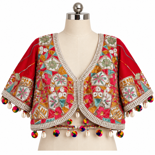 A red cropped embroidered jacket with multicolor geometric and floral embroidery, silver bead trim, and colorful pom-pom tassels, displayed on a cream dress form against a white background.