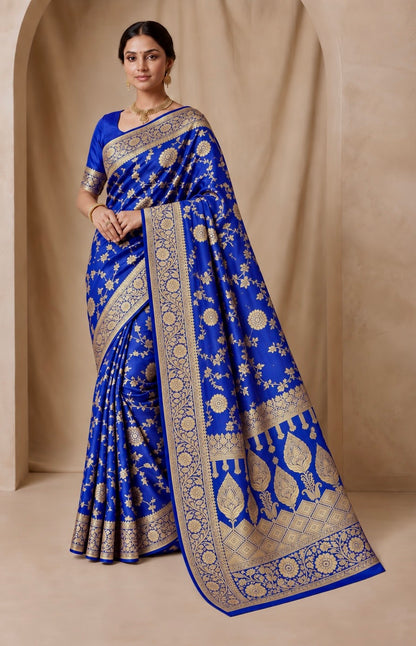 Royal blue jacquard zari saree with gold floral border and traditional woven pallu