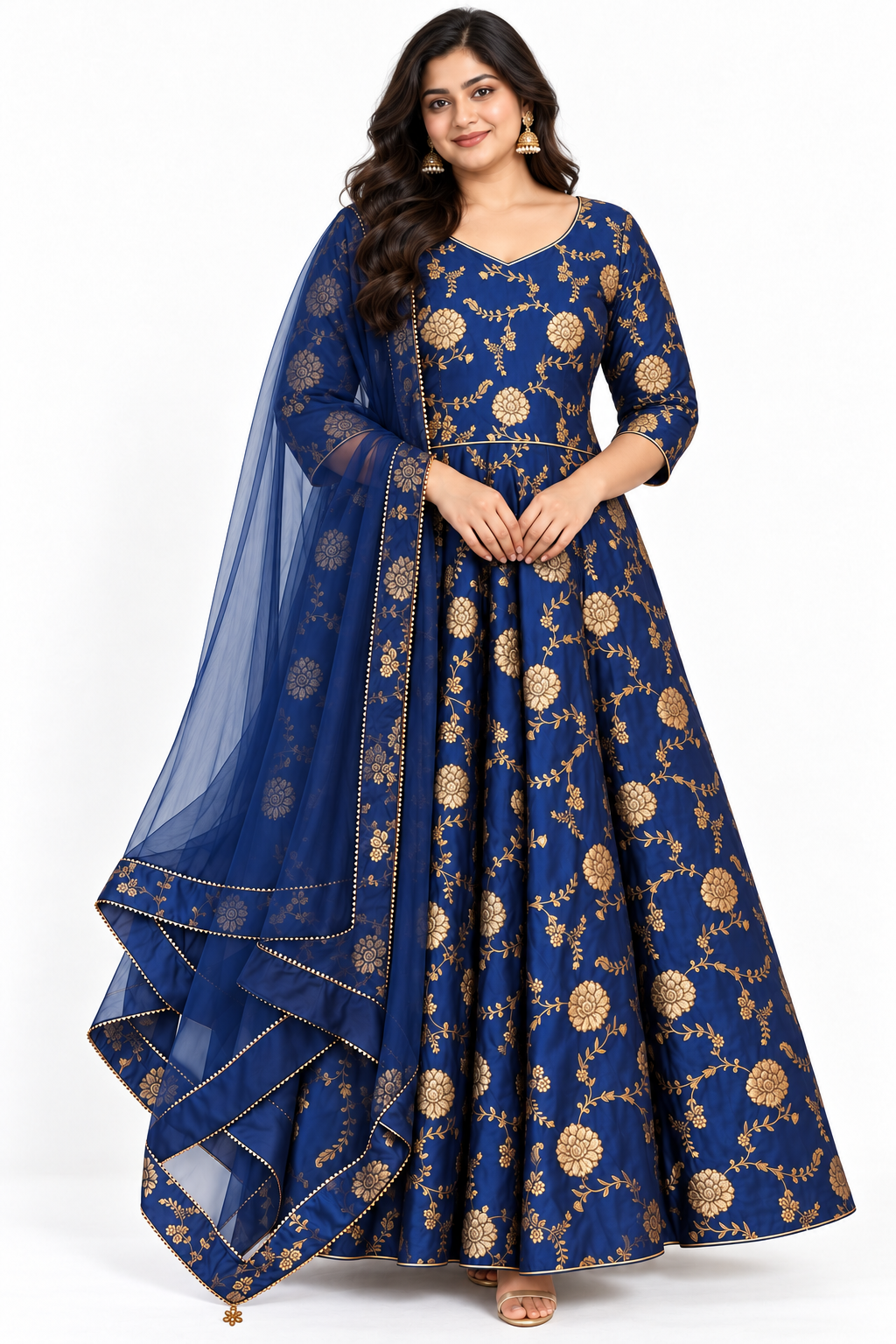 Royal blue Dola silk jacquard Anarkali dress with gold floral pattern and matching sheer net dupatta