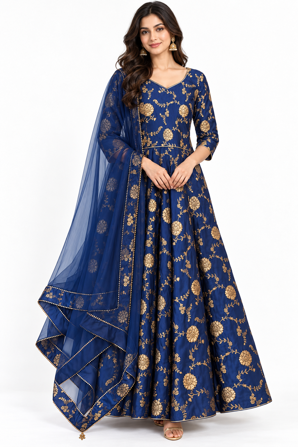 Royal blue Dola silk jacquard Anarkali dress with gold floral pattern and matching sheer net dupatta