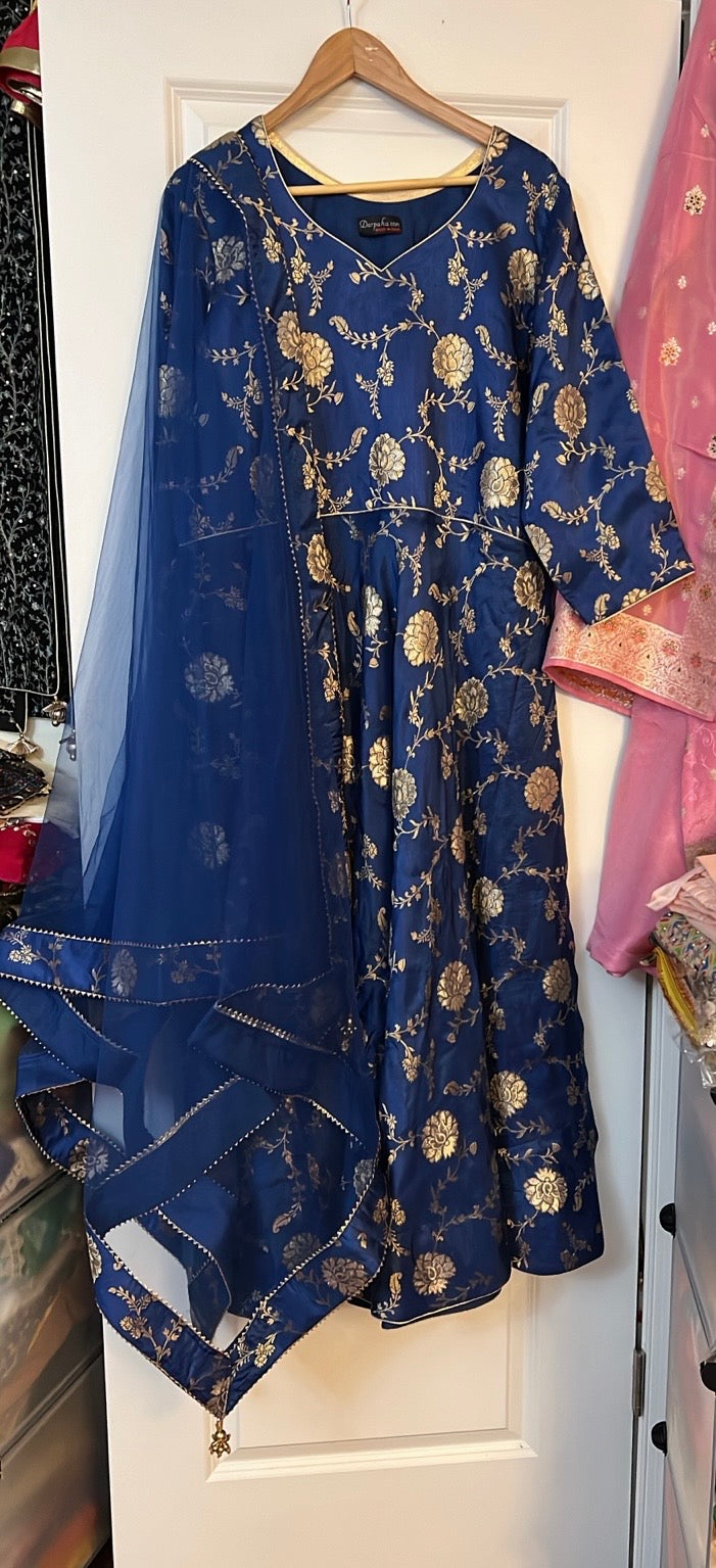 Original Royal Blue Dola silk jacquard Anarkali dress with gold floral vine pattern and sheer net dupatta