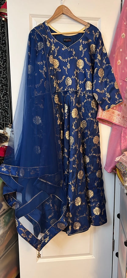 Original Royal Blue Dola silk jacquard Anarkali dress with gold floral vine pattern and sheer net dupatta
