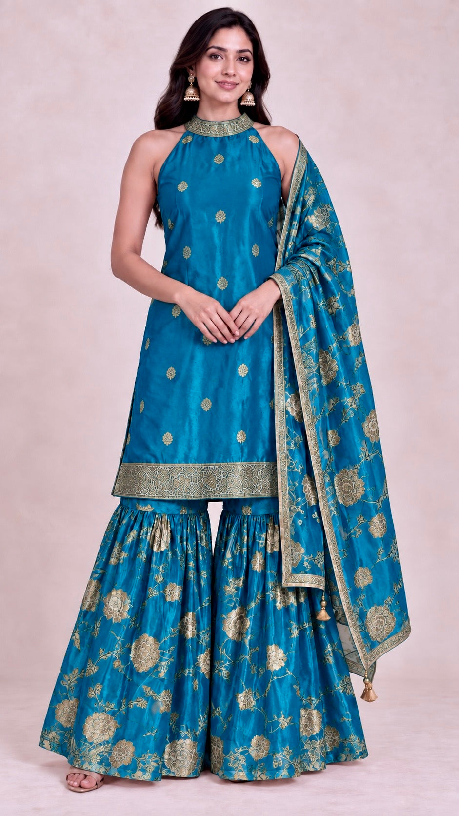 Royal blue Dola Silk palazzo suit set with gold zari woven motifs and detailed Georgette dupatta
