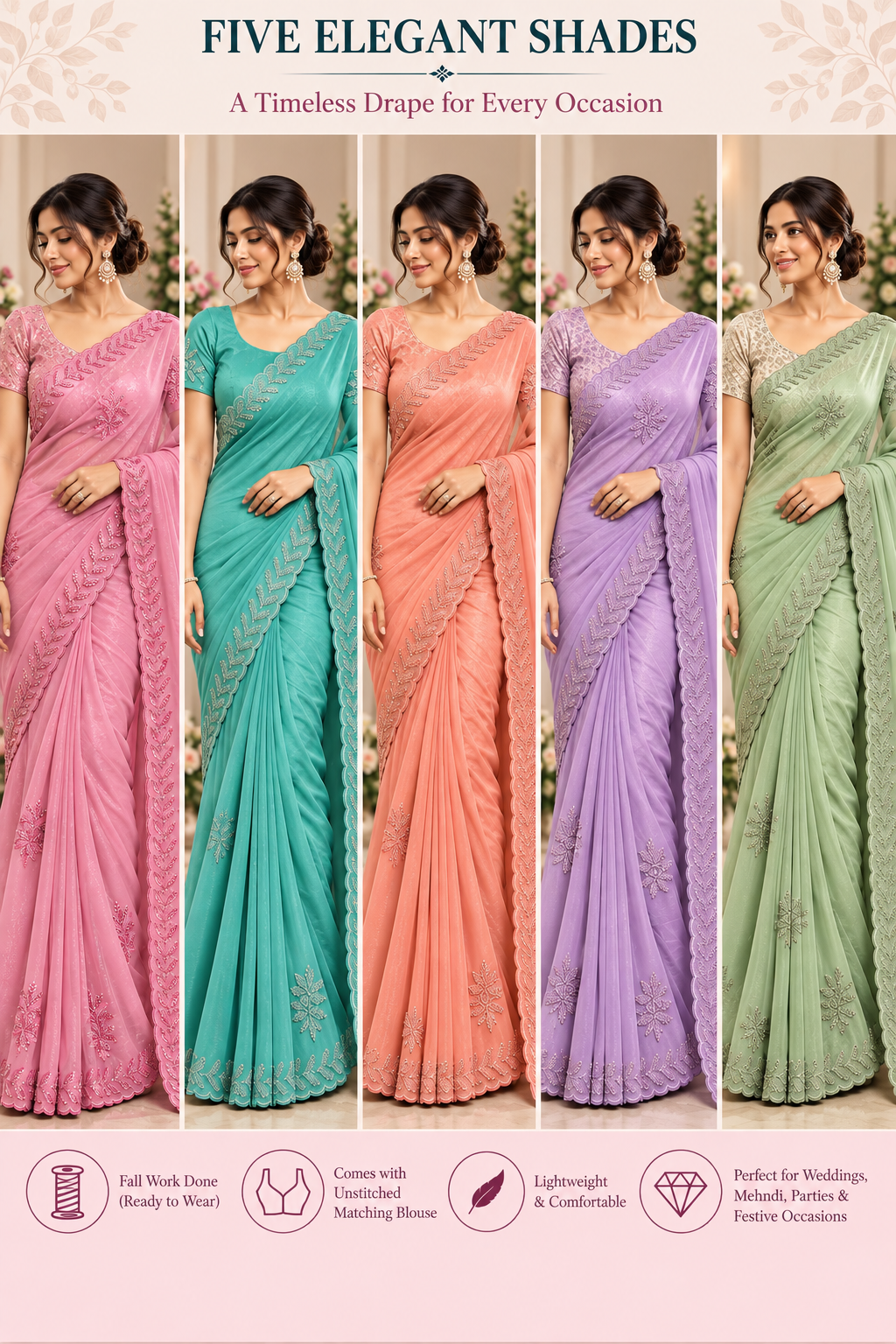 Five color options of shimmer tissue chiffon embroidered saree with heavy pallu and detailed borders