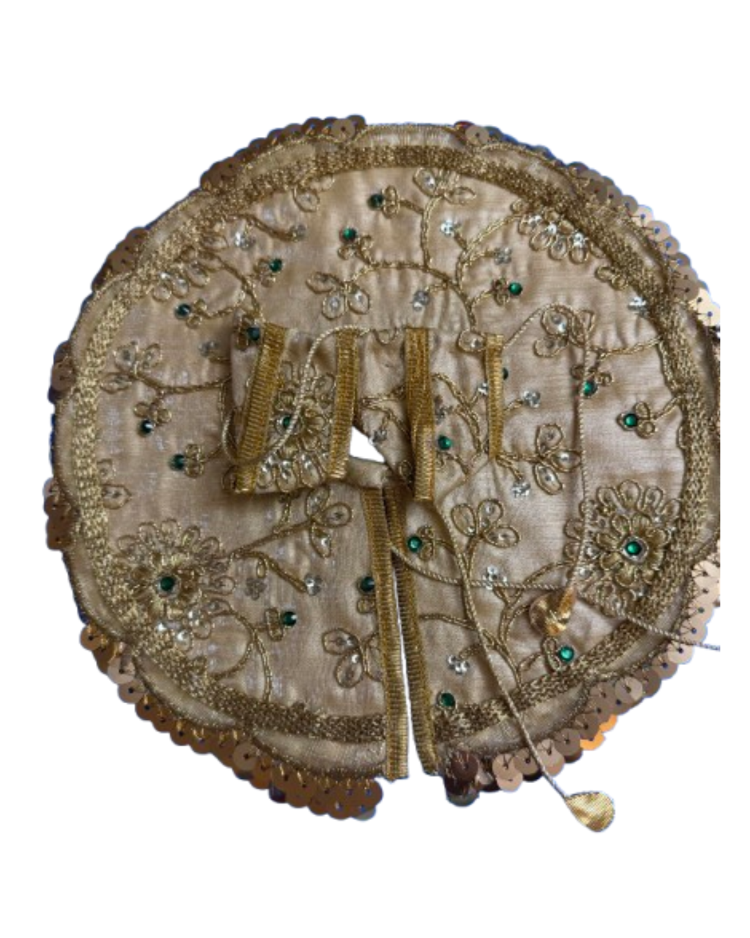 Silver and gold Laddu Gopal poshak featuring detailed floral embroidery, beadwork, and ornate edging