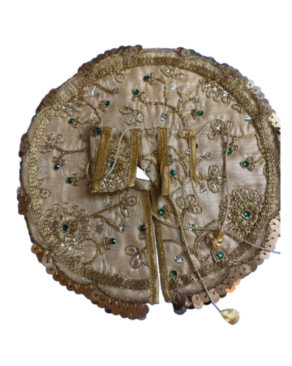 Silver and gold Laddu Gopal poshak featuring detailed floral embroidery, beadwork, and ornate edging