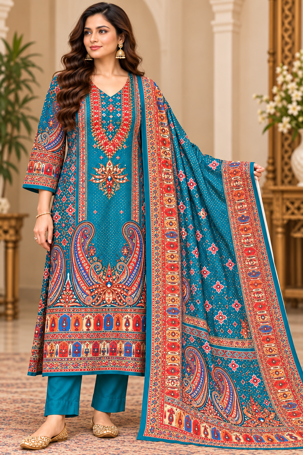Teal blue crepe silk printed kurta pant set with paisley and floral motifs, embellished neckline and four-side border dupatta