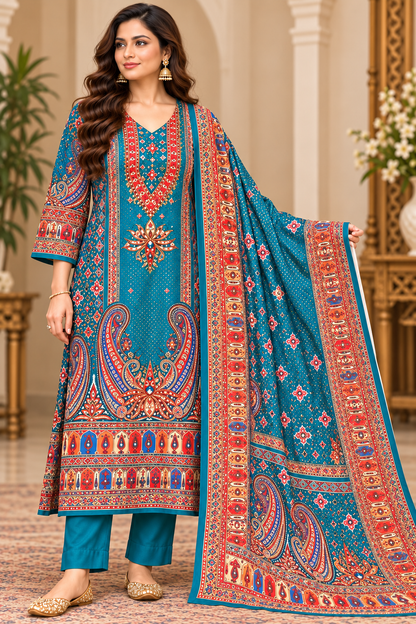 Teal blue crepe silk printed kurta pant set with paisley and floral motifs, embellished neckline and four-side border dupatta
