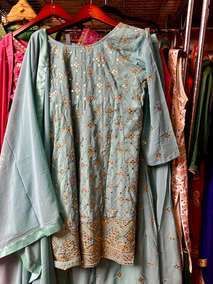 Teal Georgette A-line Sharara suit with embroidered kurti, Sharara pants and dupatta