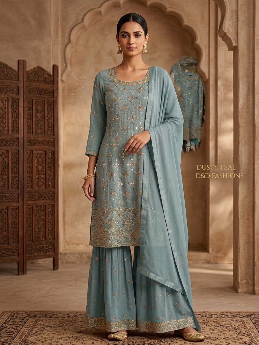 Teal Georgette A-line kurti with matching Sharara and embroidered dupatta