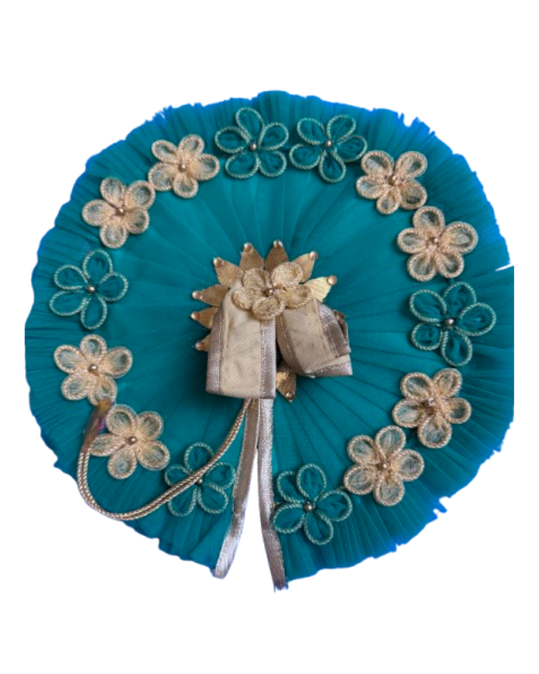 Teal and gold Laddu Gopal Janmashtami poshak with floral embellishments and decorative gold trim