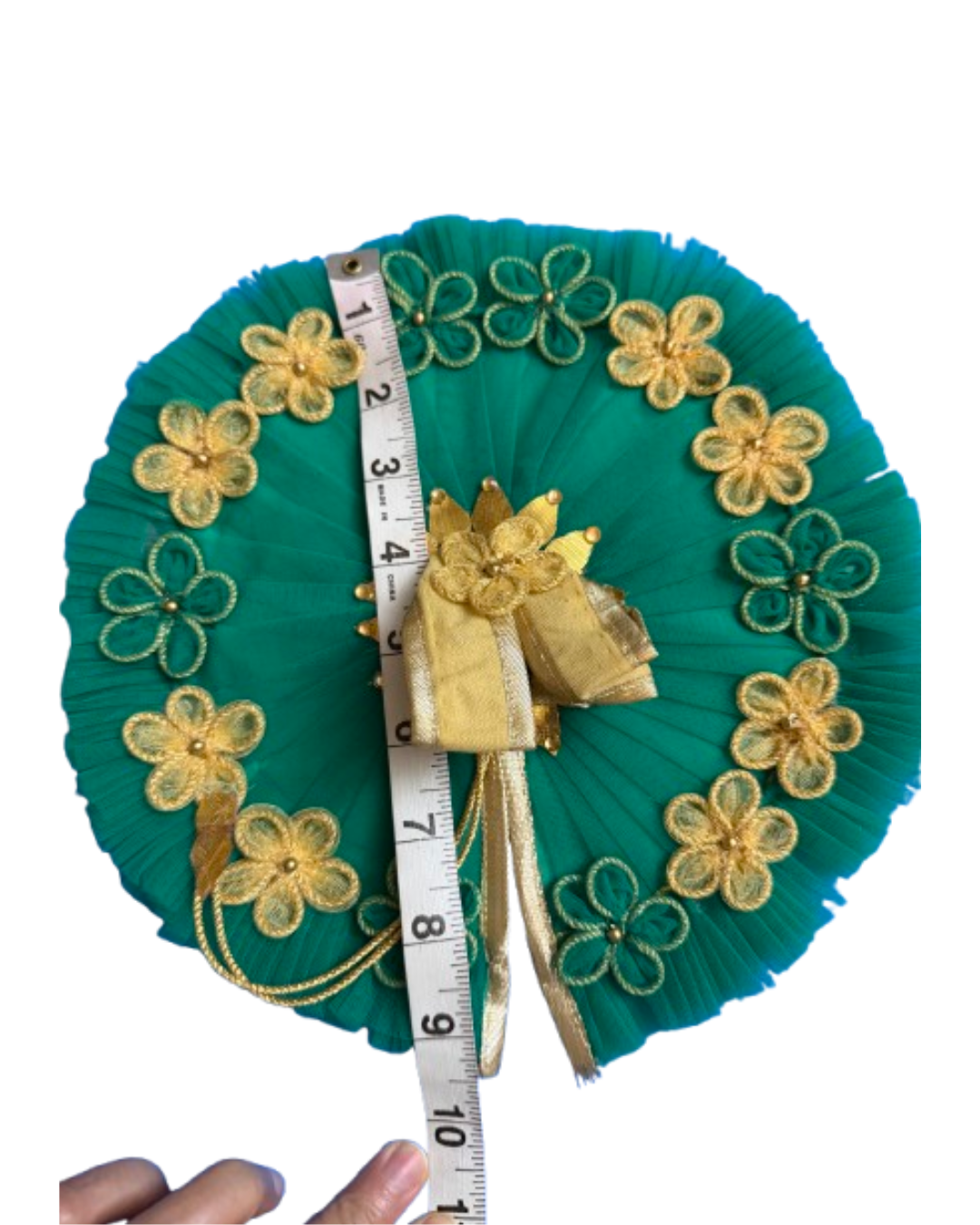 Teal and gold Laddu Gopal poshak shown with measuring tape for size reference