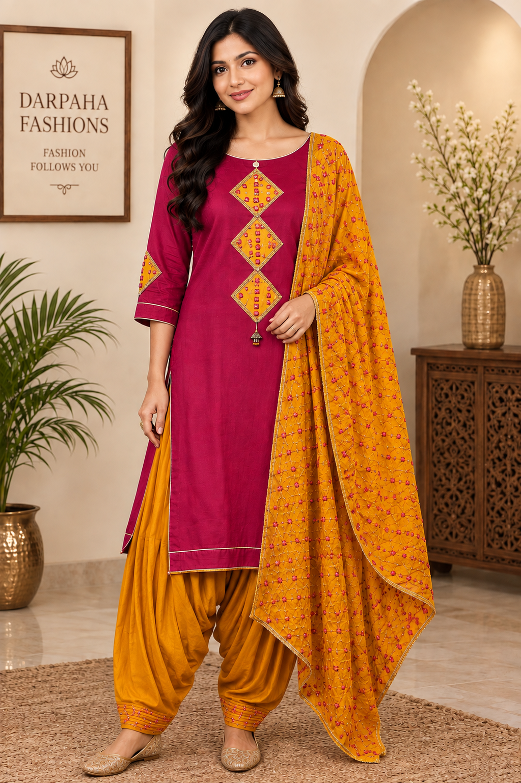 Magenta and mustard traditional Punjabi Patiala salwar suit in art silk with Banarasi dupatta