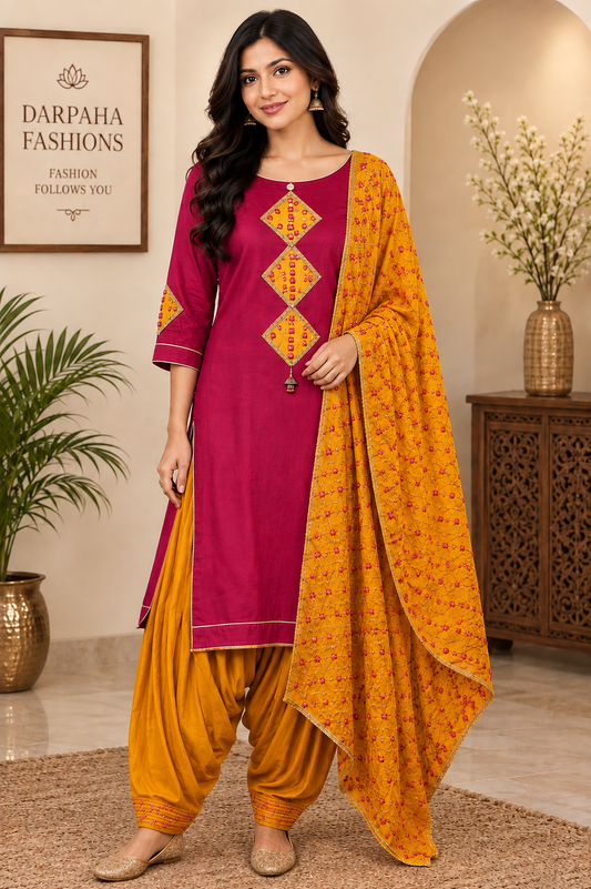 Magenta and mustard traditional Punjabi Patiala salwar suit in art silk with Banarasi dupatta