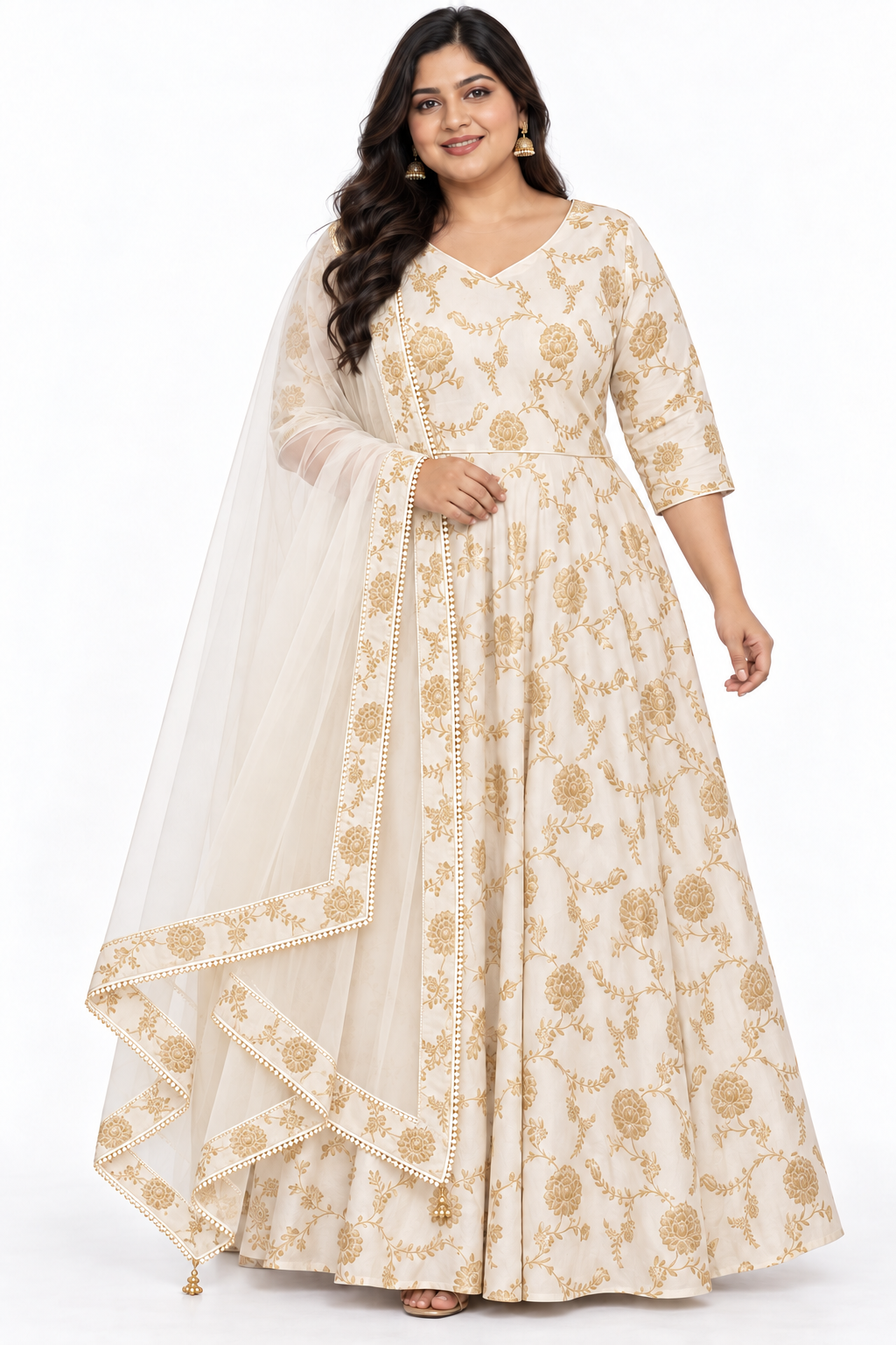 Warm ivory Dola silk jacquard Anarkali dress with gold floral vine pattern and sheer net dupatta