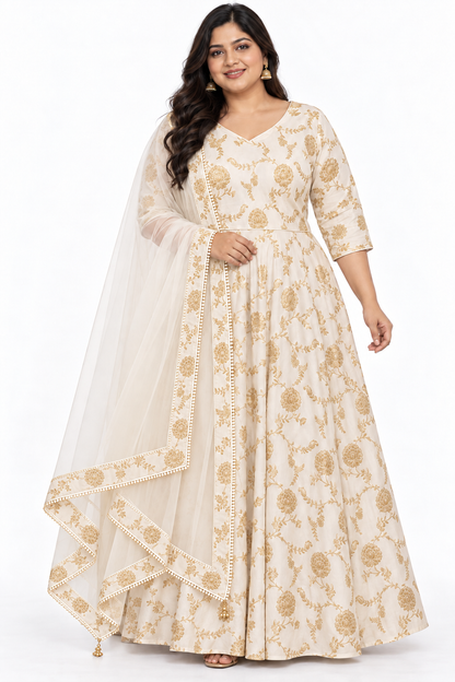 Warm ivory Dola silk jacquard Anarkali dress with gold floral vine pattern and sheer net dupatta