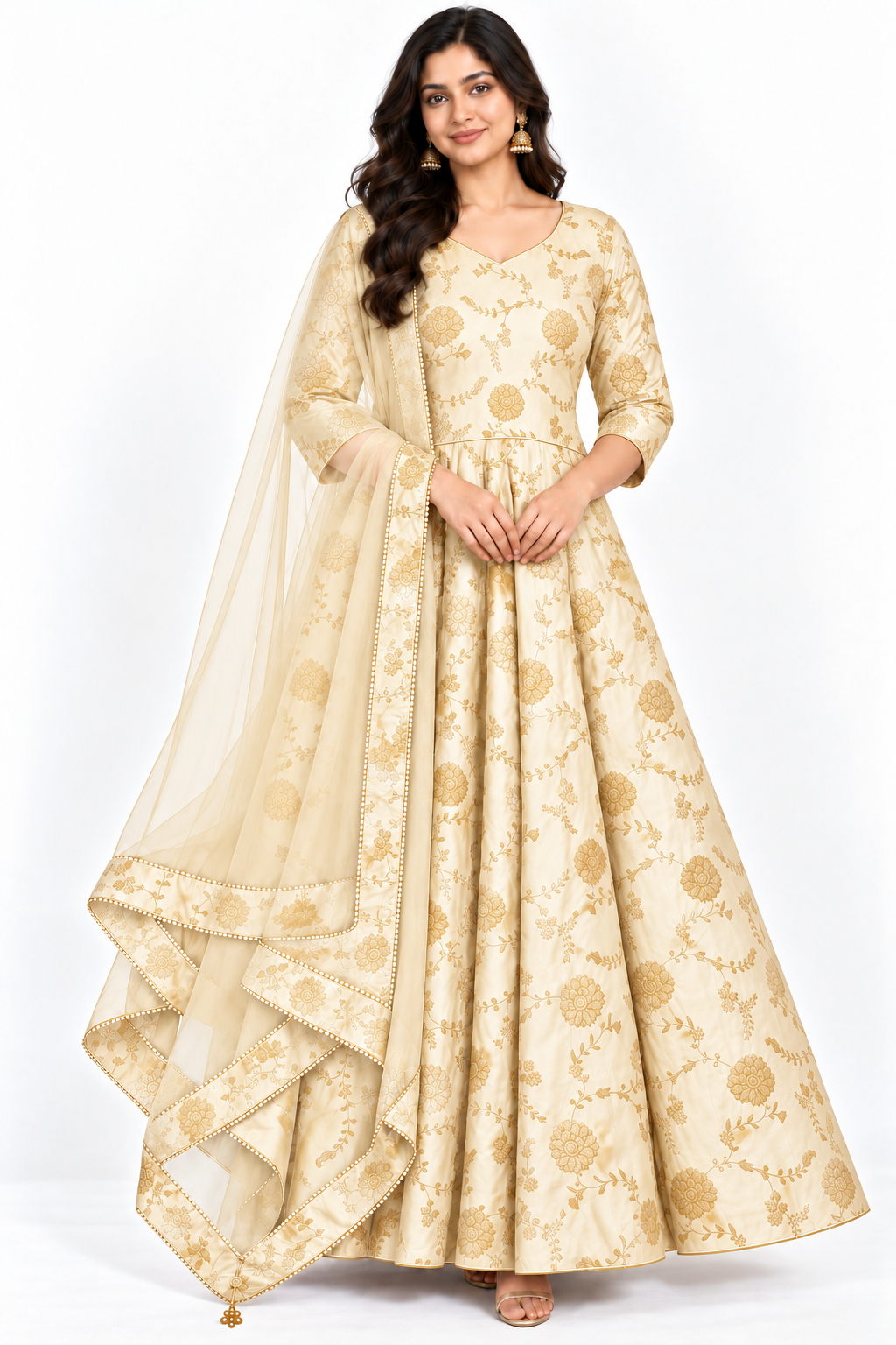Warm ivory Dola silk jacquard Anarkali dress with gold floral vine pattern and sheer net dupatta