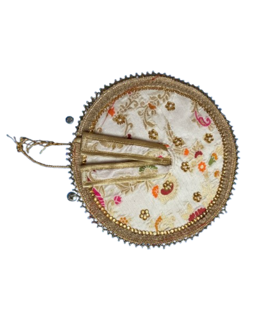 Ivory and gold Laddu Gopal Janmashtami poshak with floral embroidery, beadwork, and embellished border