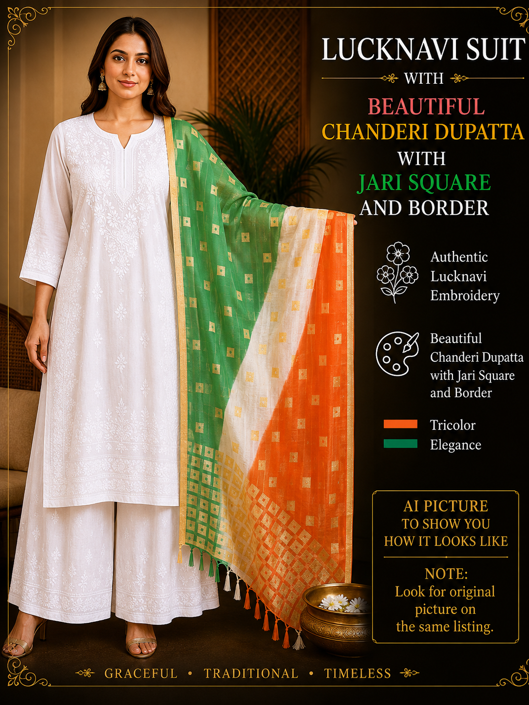 White Lucknowi Chikankari muslin palazzo suit with green, white and orange Chanderi dupatta featuring Jari square pattern