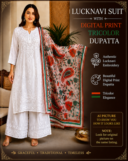 White Lucknowi Chikankari muslin palazzo suit with floral digital print tricolor dupatta