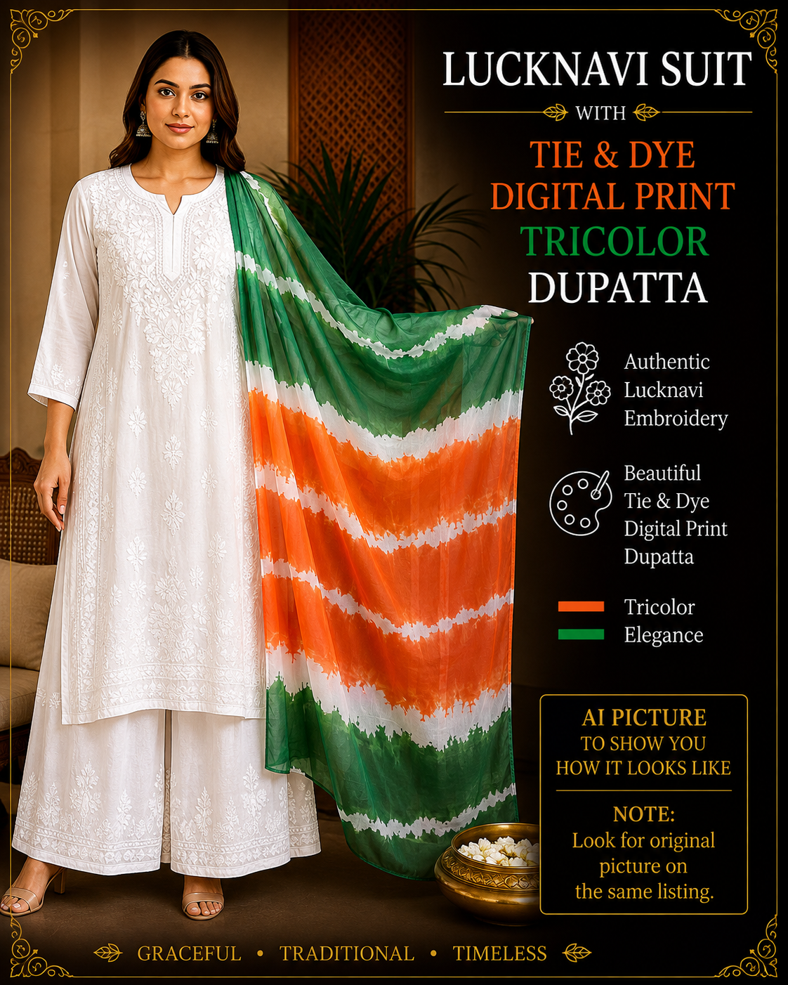 White Lucknowi Chikankari muslin palazzo suit with green, white and orange tie-dye tricolor dupatta